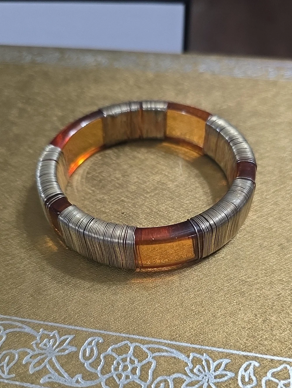Vintage Amber Tone Lucite Bangle Bracelet with Gold Wire Wrap